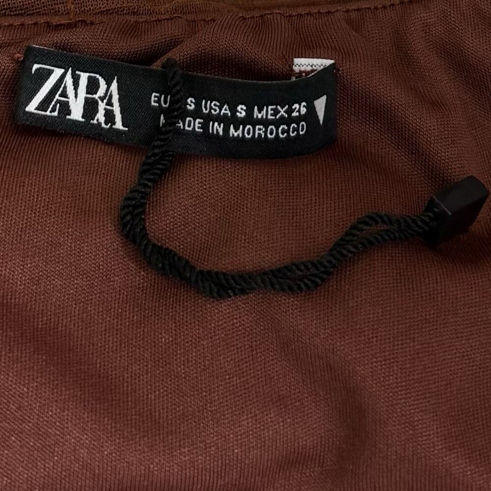 Zara Crop Top Shirt Women's Small Brown Boho Festival Romantic Pleated Button Up - Picture 4 of 7